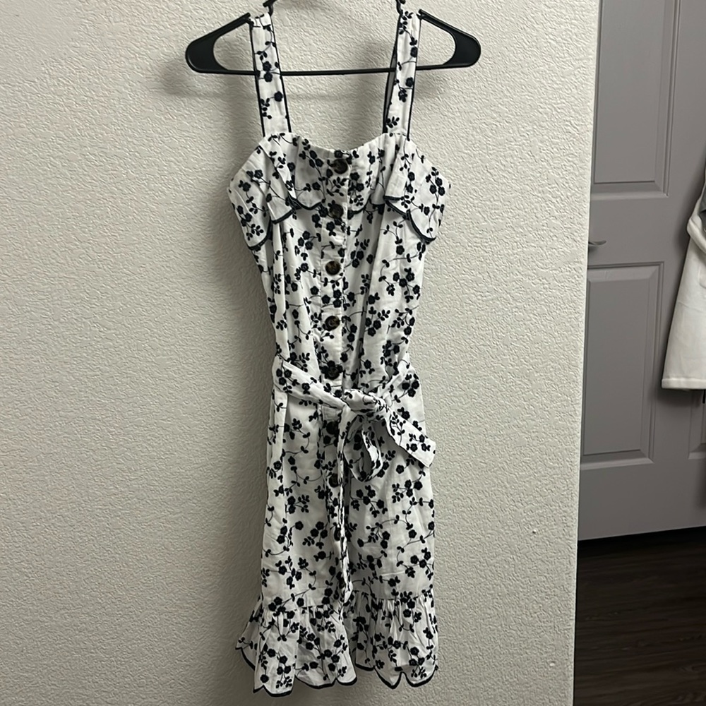 Midi Floral embroidered white navy dress with buttons down the front